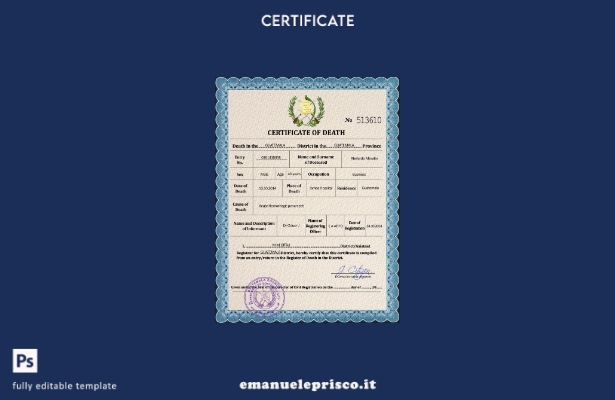 modello PSD del certificato di morte dei documenti di stato civile del Guatemala